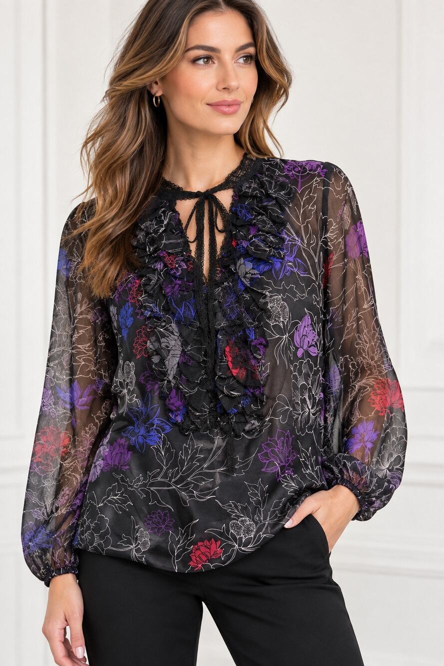Elie Tahari Silk Floral Ruffle Sheer Blouse Long Sleeve Black Purple Red L